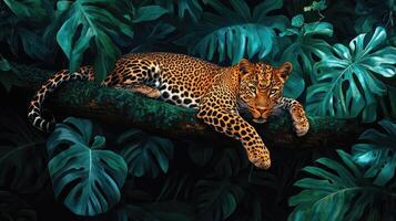 A painting of a leopard resting on a tree branch photo