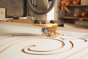 Numerically controlled woodworking machine cuts rounded complex lines on the canvas. Computer numerical control. CNC. photo