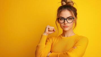Portrait of a beautiful young woman in glasses and sweater on yellow background photo