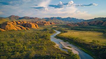 A river runs through a valley surrounded by mountains photo