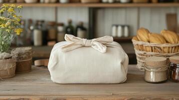 A white bag sitting on a wooden table with bread and other items photo