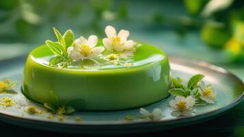 A green pudding with flowers and leaves on it photo