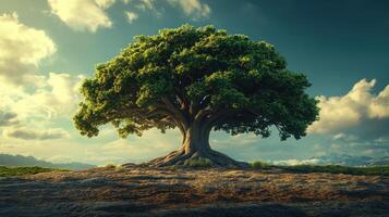 A tree is standing on top of a hill with clouds in the background photo