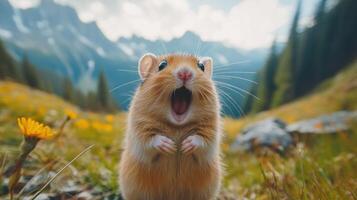 A hamster is standing in the middle of a field with its mouth open photo
