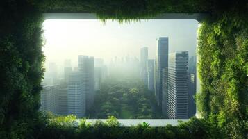 Green cityscape with skyscrapers and trees photo