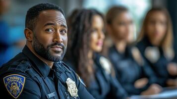 A police officer sitting in front of a group of people photo
