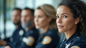 A woman in a police uniform sitting in front of other officers photo