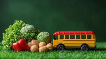 A school bus is sitting on the grass with vegetables photo