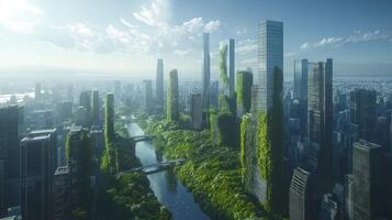 A city with tall buildings and trees photo