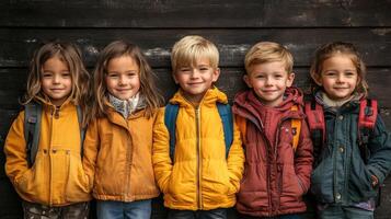 Five children in jackets standing together photo