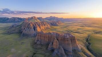An aerial view of the badlands at sunset photo