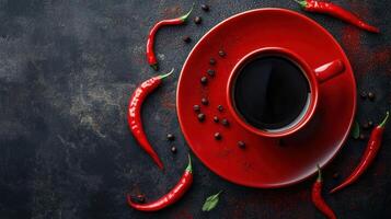Coffee and chili peppers on a dark background top view photo