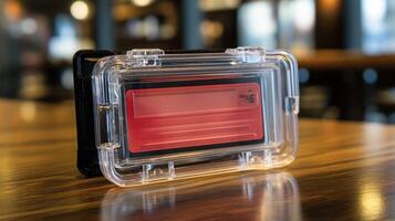 A red card is sitting in a clear case photo