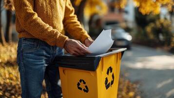 A man is holding a piece of paper in a yellow recycling bin photo