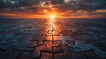 A piece of puzzle is shown in the foreground with the sun setting photo