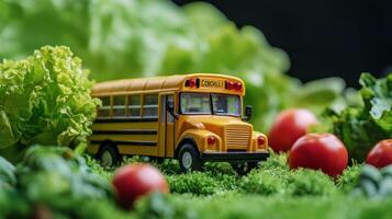 A school bus is sitting on top of a green field photo