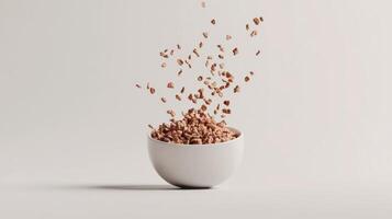 A bowl full of brown rice is being thrown into the air photo
