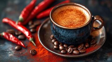 Coffee and chili peppers on a dark table photo