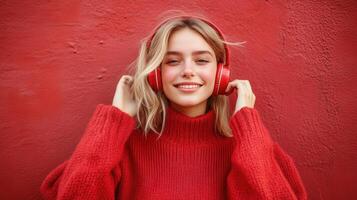A woman in a red sweater is listening to music photo