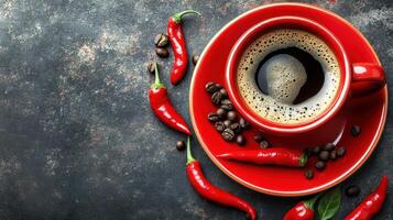 A cup of coffee and chili peppers on a table photo