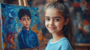 A young girl is smiling while holding an easel with a painting on it photo