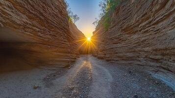 The sun shines through the canyon in this photo
