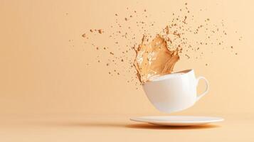 Coffee cup with splash of coffee on yellow background photo