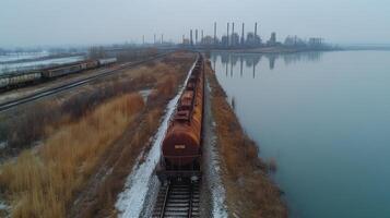 An aerial view of a train traveling down a track photo