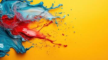 Colorful liquid splashes on yellow background photo