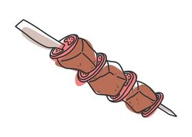 Line doodle of Turkish shashlik with meat and tomatoes on skewer. Hand drawn black and white sketch of traditional shish kebab. Isolated for food design and culture themes. vector