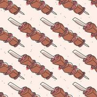 Line art doodle of Turkish shashlik with meat and tomatoes on skewer. Hand drawn sketch of traditional shish kebab. seamless pattern for food design vector