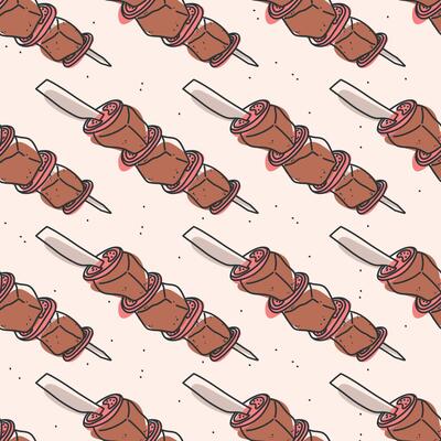 Line art doodle of Turkish shashlik with meat and tomatoes on skewer. Hand drawn sketch of traditional shish kebab. seamless pattern for food design