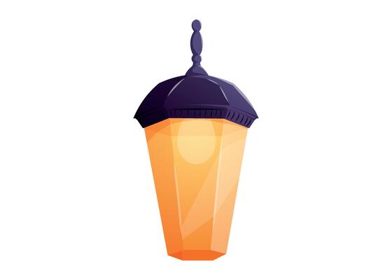 illustration of glowing oriental lantern with dark top and warm yellow light. Traditional hanging lamp for festive, night, or Ramadan design in cartoon, isolated on white.