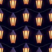 Seamless pattern with vintage glowing lanterns. Repeating warm orange lights with dark tops. Cozy fairytale cartoon design for textiles, wrapping paper, or festive backgrounds. vector