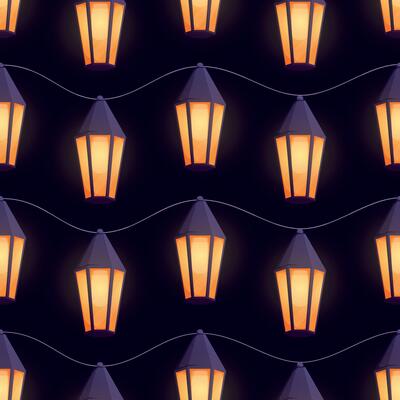 Seamless pattern with vintage glowing lanterns. Repeating warm orange lights with dark tops. Cozy fairytale cartoon design for textiles, wrapping paper, or festive backgrounds.