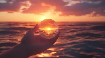 A person holding a glass ball with the sun setting in the background photo