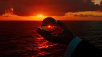 A person holding an egg in front of the ocean at sunset photo