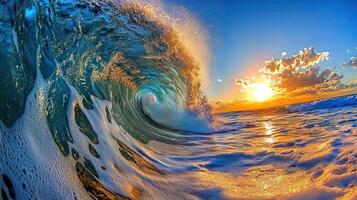A wave breaking on the beach at sunset photo
