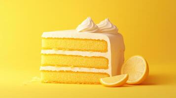 A piece of cake with lemon slices on a yellow background photo