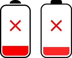 Battery dead icon set. empty battery sign. charge indicator icons. Battery indicator symbols. Battery with cross mark vector