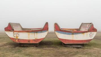 Two boats sitting on top of a grassy field photo