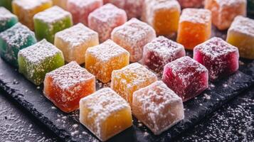 Colorful jellies on a black plate with powdered sugar photo
