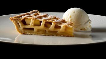 A slice of apple pie with ice cream on a white plate photo