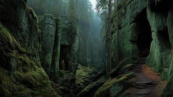 A narrow path through a forest with mossy rocks photo