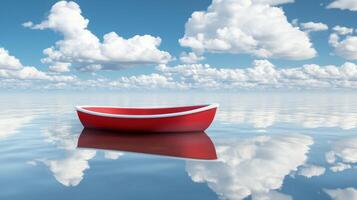 A red boat floating in the water with clouds in the background photo
