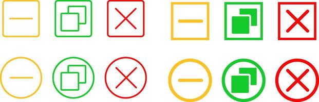 Maximize and minimize close window button. Web buttons for software and application. Close windows sign. Browser window control buttons vector