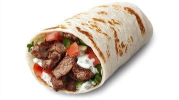 A wrap with meat and vegetables on a white background photo