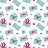 Seamless pattern of light blue envelopes decorated with bright red hearts, some of which are open and overflowing with symbols of love. vector