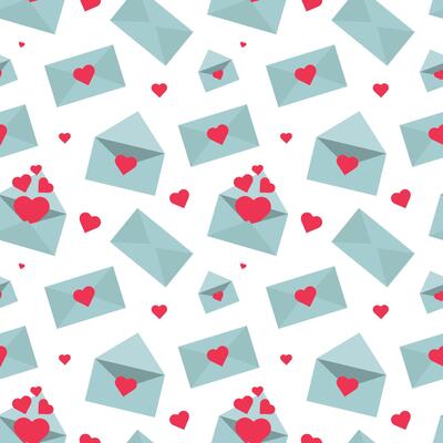 Seamless pattern of light blue envelopes decorated with bright red hearts, some of which are open and overflowing with symbols of love.