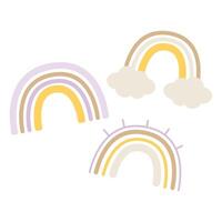 The illustration of the rainbow is made in soft pastel shades. One rainbow is accompanied by fluffy white clouds at the end, while the other has playful rays. vector